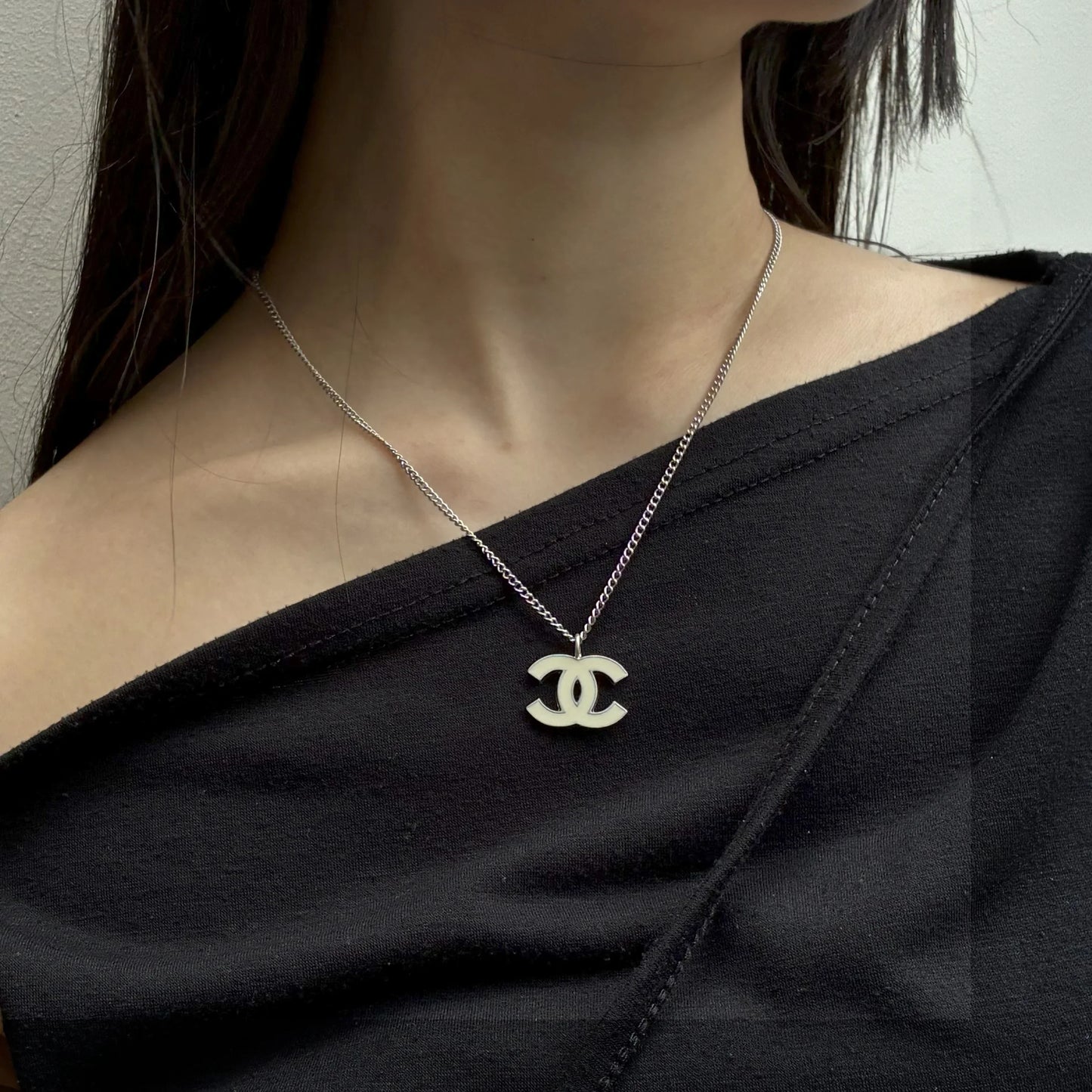 Chanel CC Chain Necklace Pendant Silver 06P
