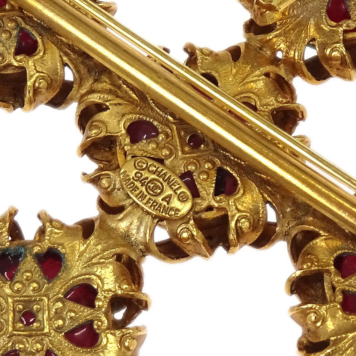 Chanel Gripoix Brooch Pin Cross Gold Rhinestone 94A