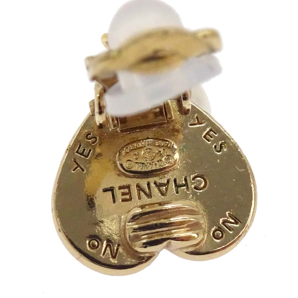 Chanel Heart Costume Pearl Dangle Clip-On Earrings Gold 04A