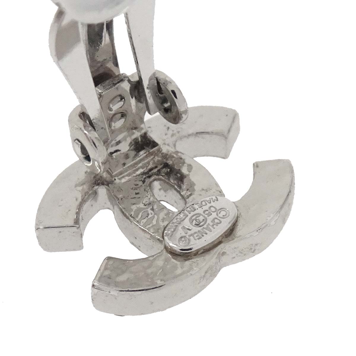 Chanel CC Silver Rhinestone Clip-On Earrings 05V