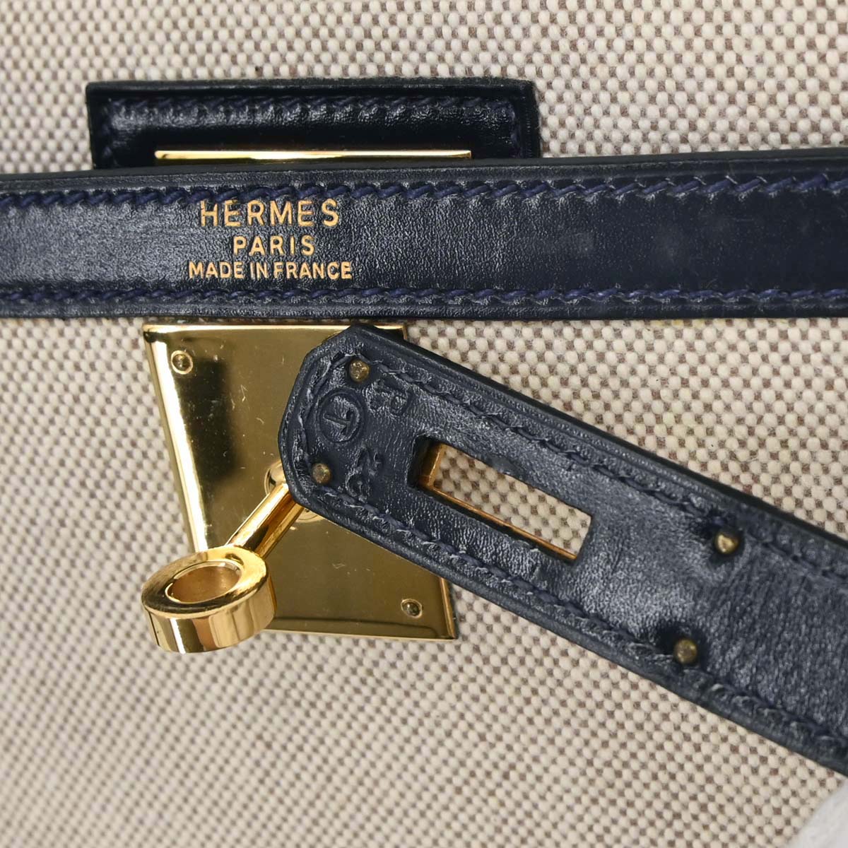 Hermes Beige Navy Toile H Box Calf Kelly 28 Sellier 2way Shoulder Handbag