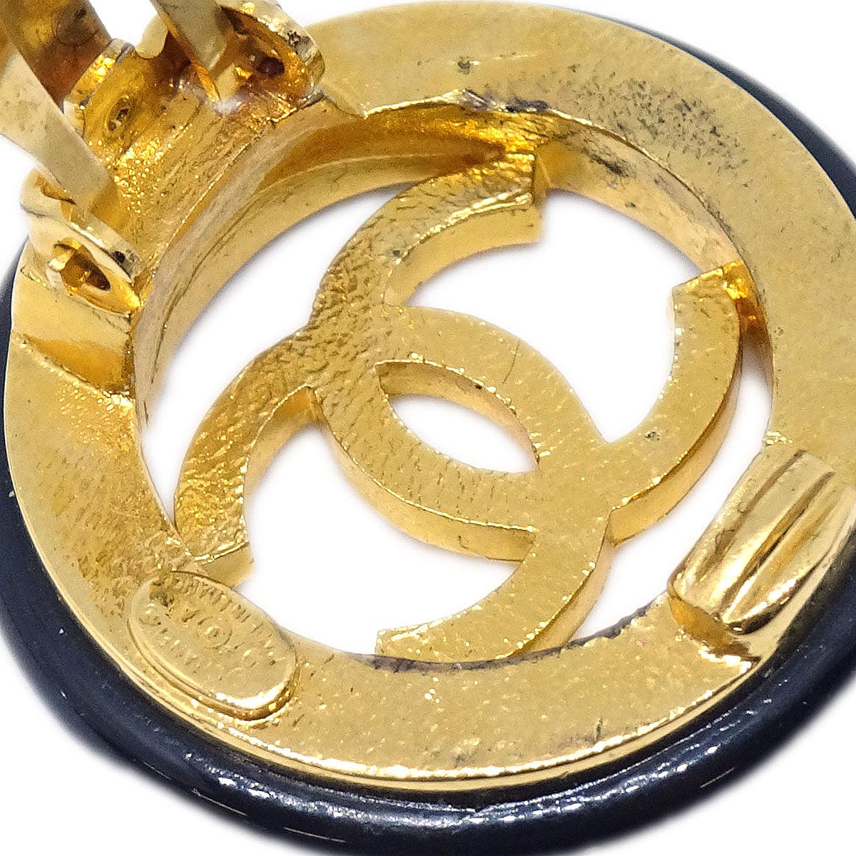 Chanel Button Clip-On Earrings Black Gold 97A