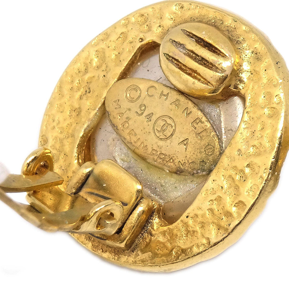 Chanel Button Clip-On Earrings Gold Costume Pearl 94A