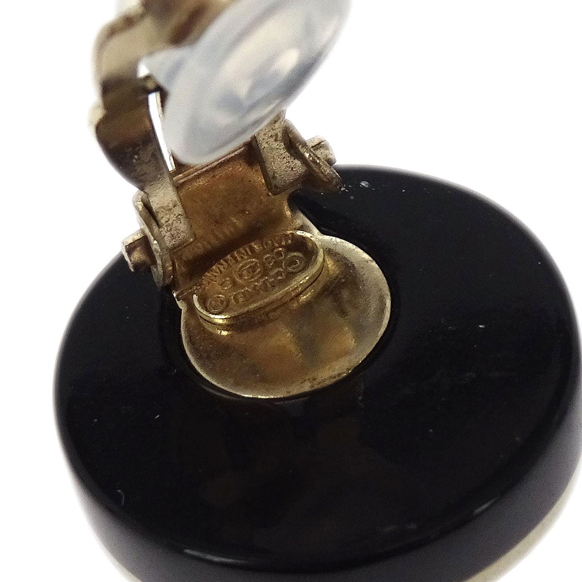 Chanel Button Clip-On Earrings Rhinestone Black 08C