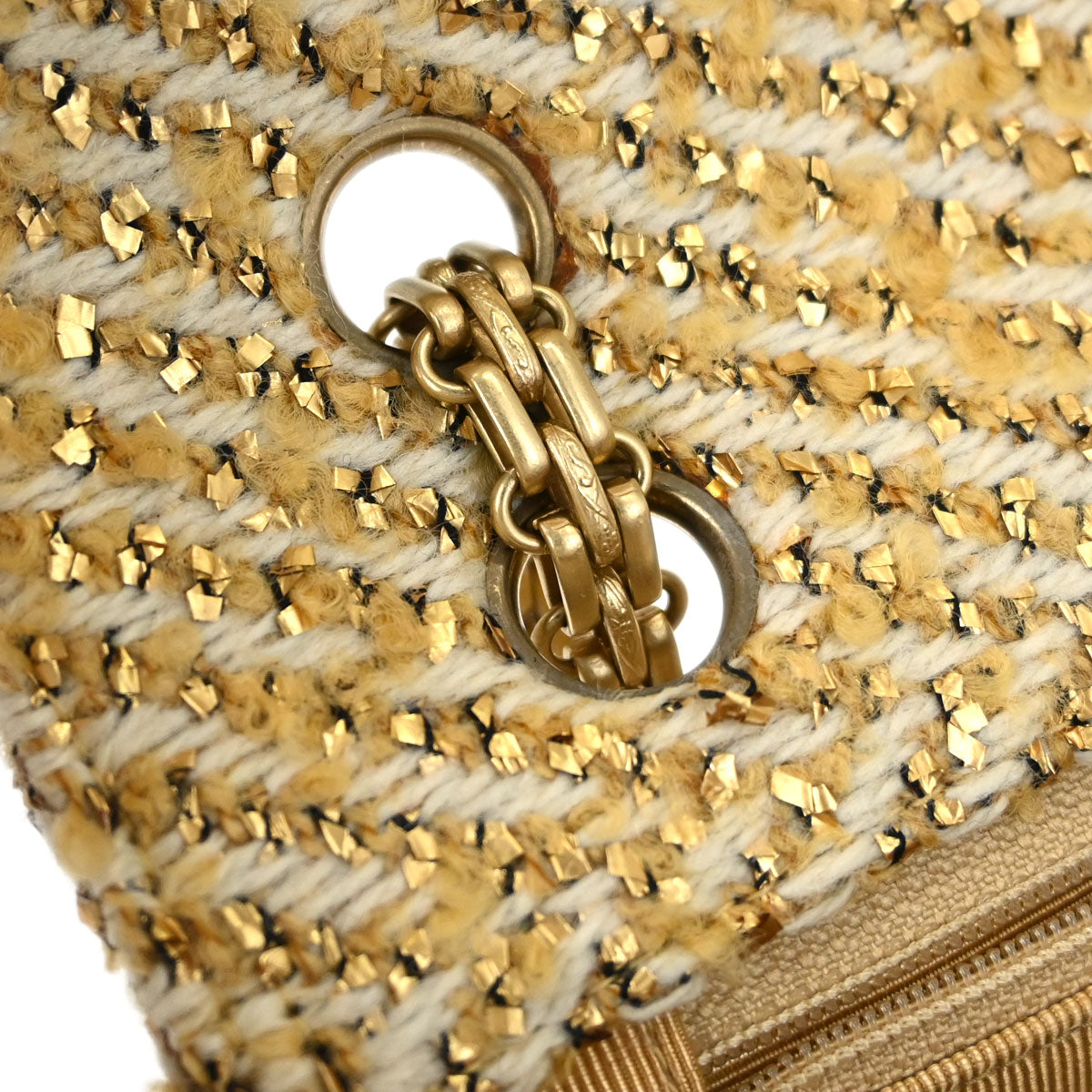 Chanel 2000-2002 Gold White Tweed Medium Single Flap Shoulder Bag
