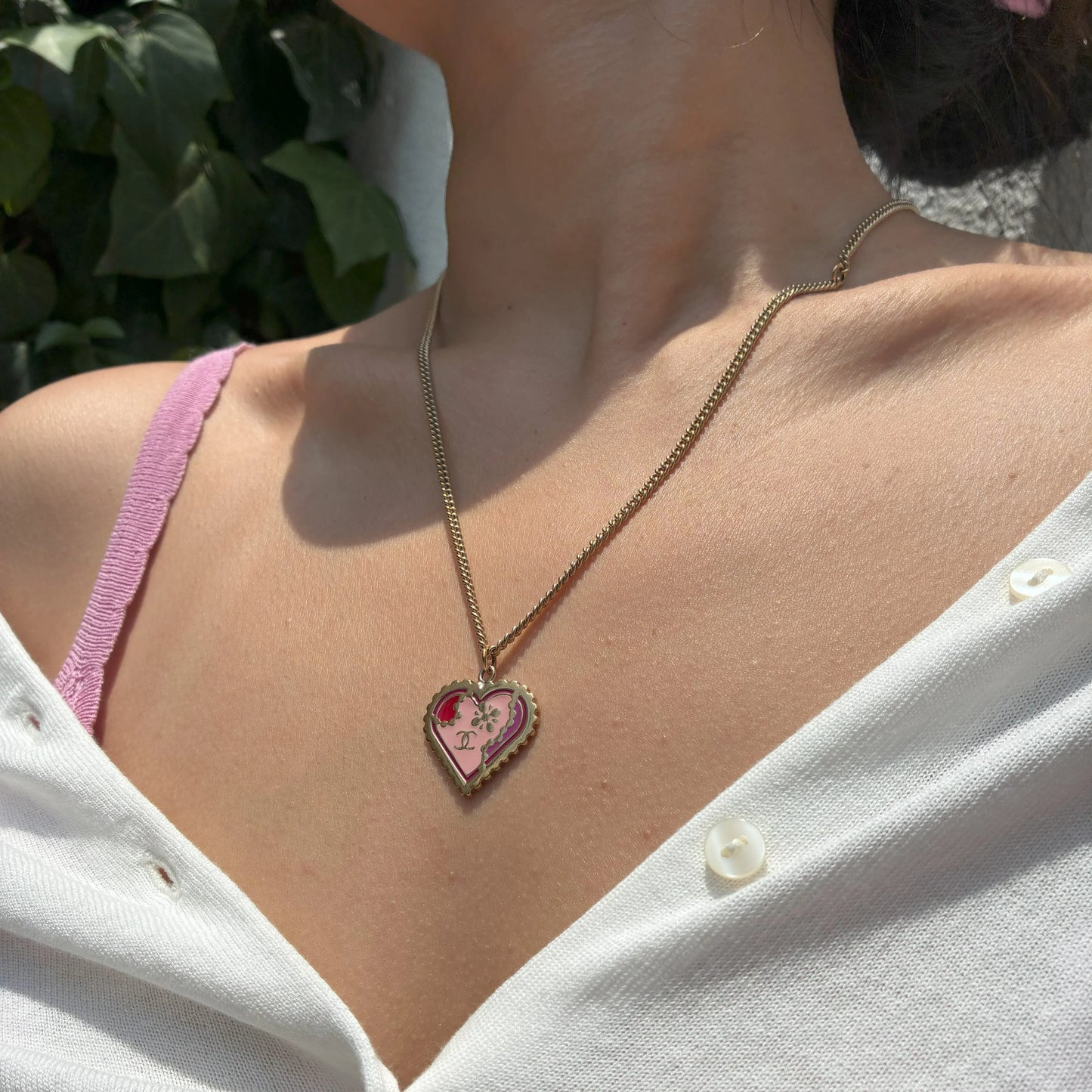 Chanel Heart Chain Pendant Necklace Gold 05P