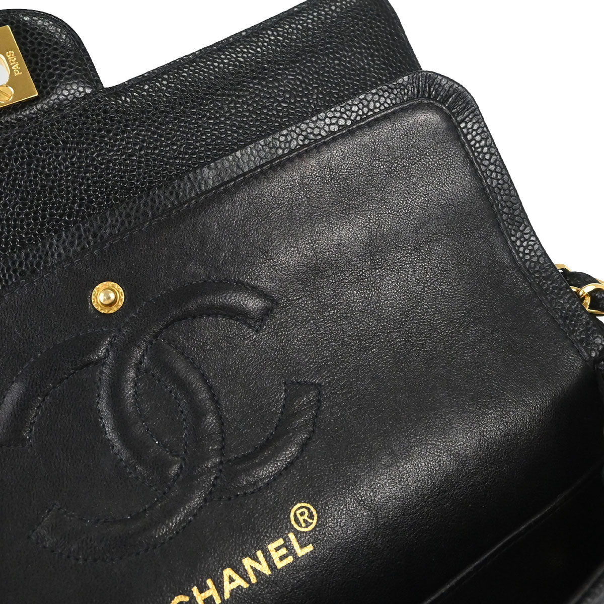 Chanel 1997-1999 Black Caviar Skin Medium Classic Double Flap Shoulder Bag
