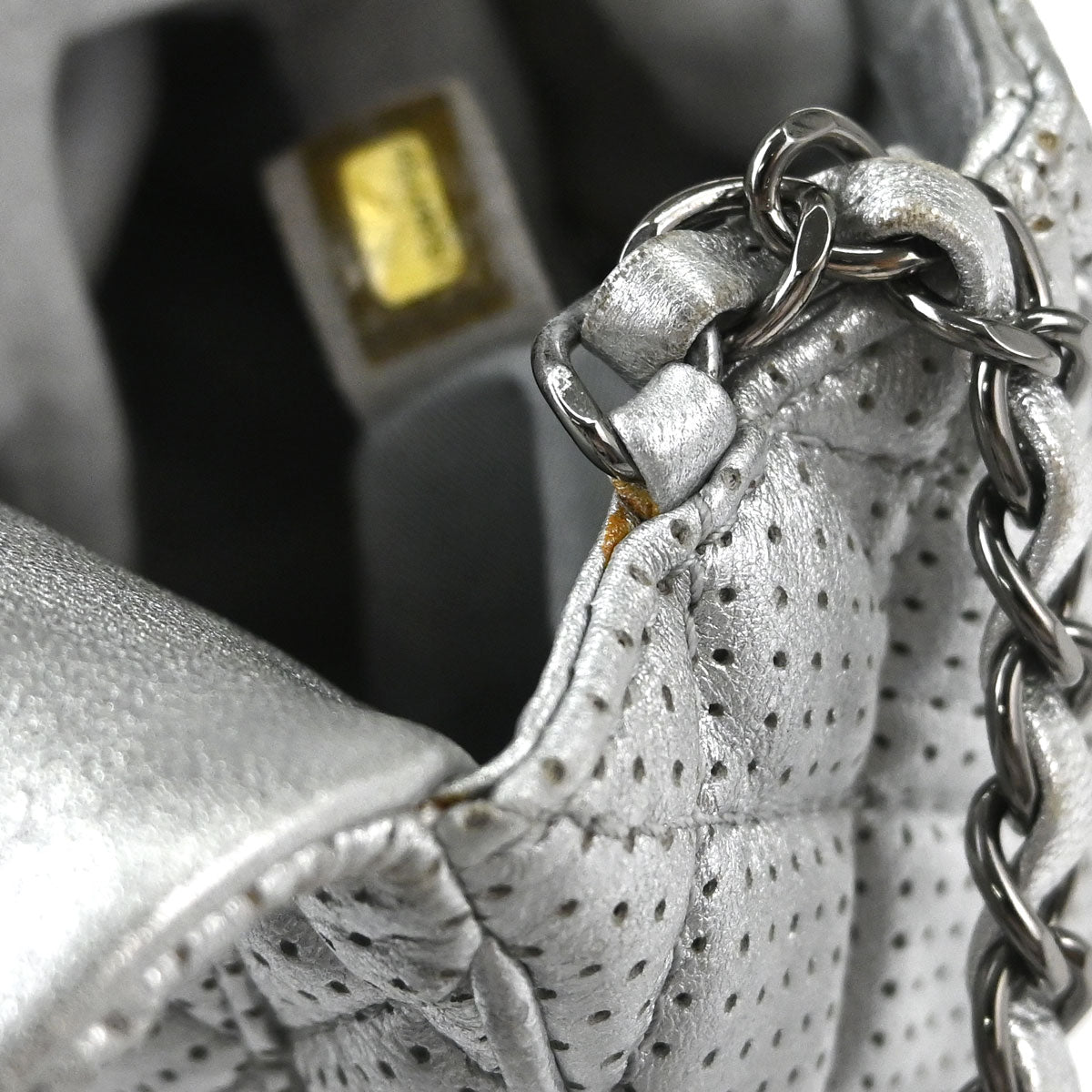 Chanel 2014 Silver Perforated Lambskin Classic Flap Shoulder Bag