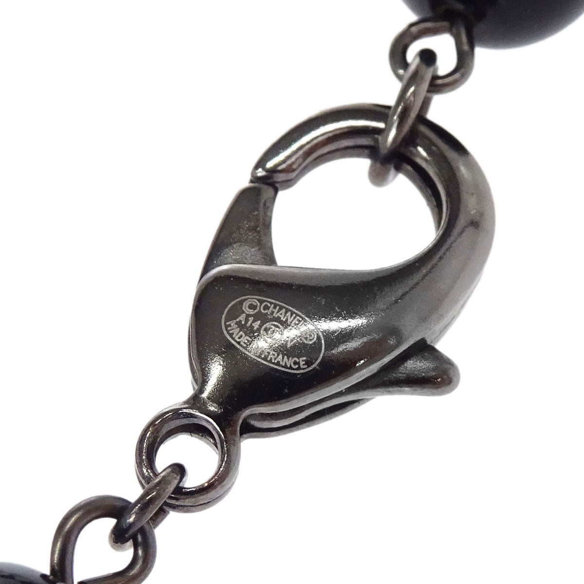 Chanel Black Costume Pearl Beads Chain Necklace Silver A14V