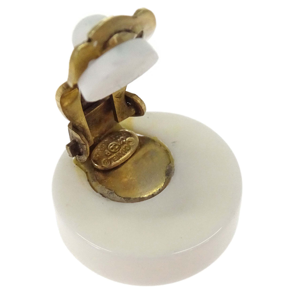 Chanel Button Clip-On Earrings Acrylic White 07P