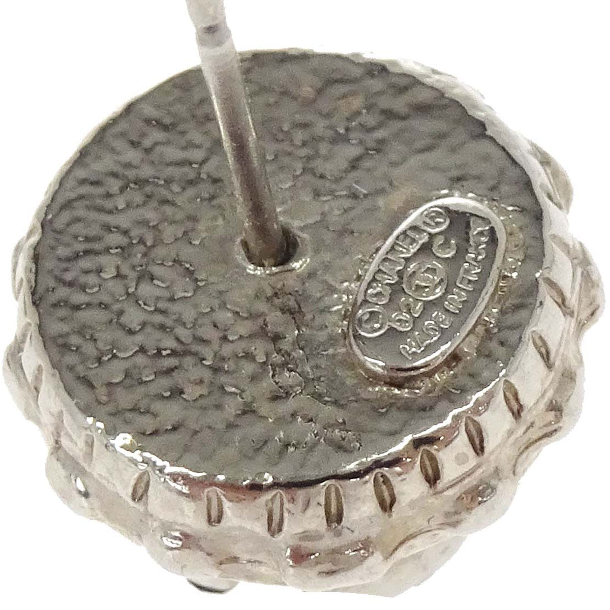 Chanel Button CC Pierced Earrings Silver Rhinestone 02C
