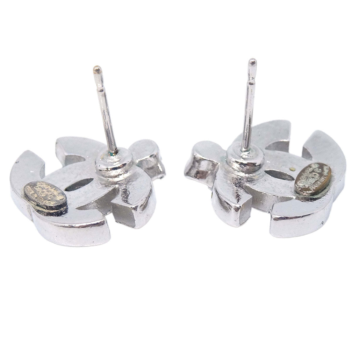 Chanel CC Pierced Earrings Silver Rhinestone 05C