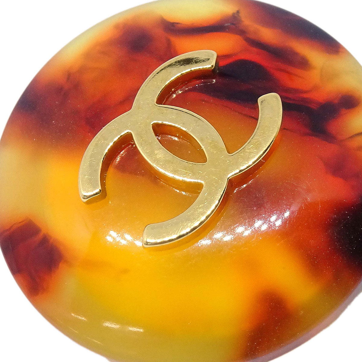 Chanel Button Clip-On Earrings Gold Brown Faux Tortoiseshell 97P