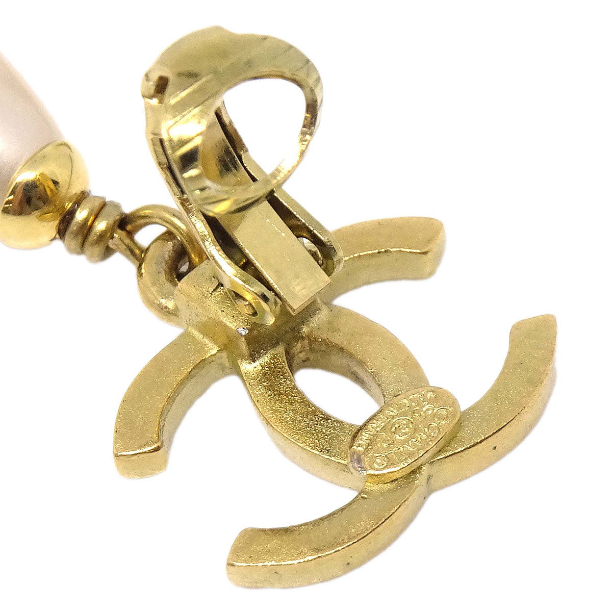 Chanel Costume Pearl CC Dangle Clip-On Earrings Gold White 95P