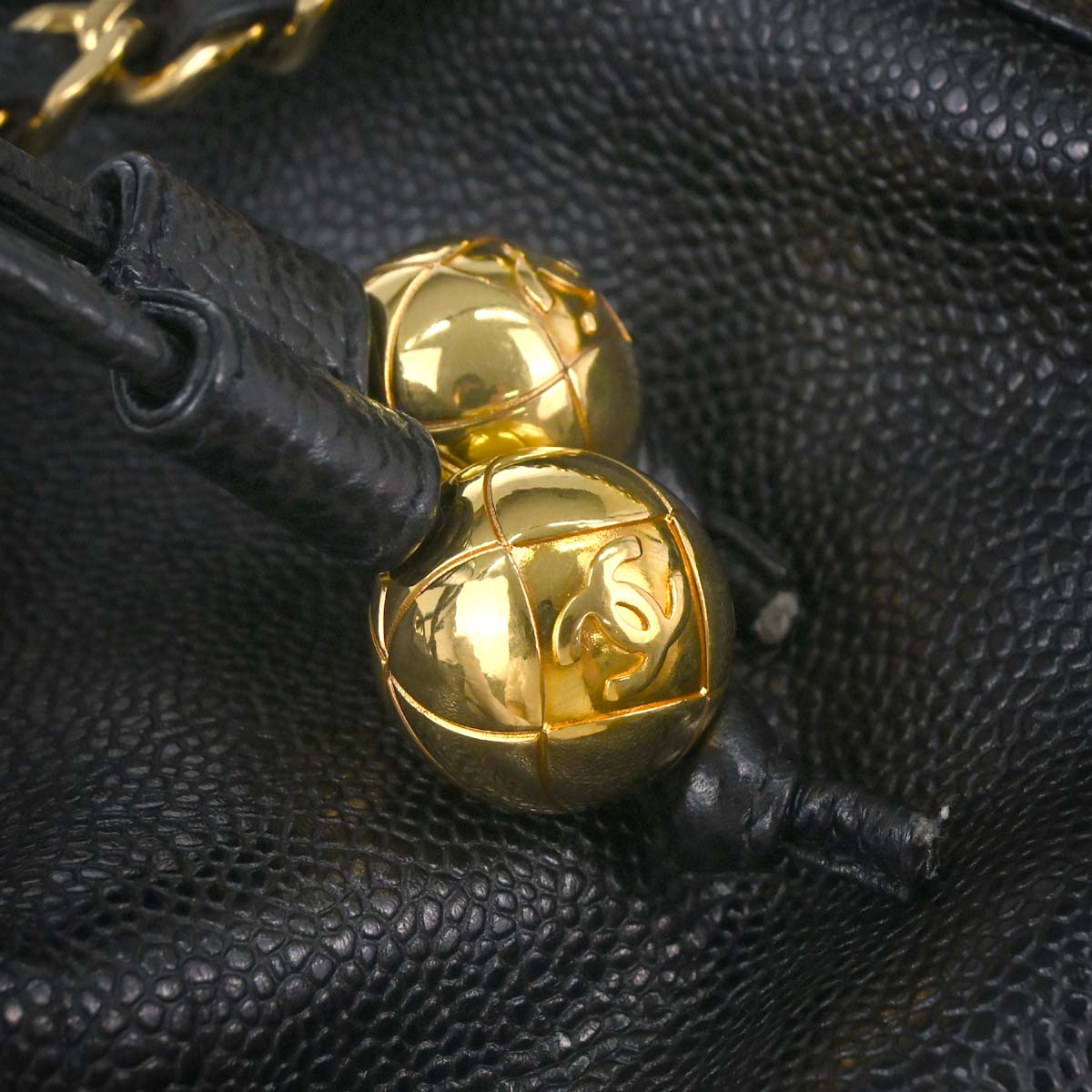 Chanel 1991-1994 Black Caviar Skin Triple CC Drawstring Shoulder Bag