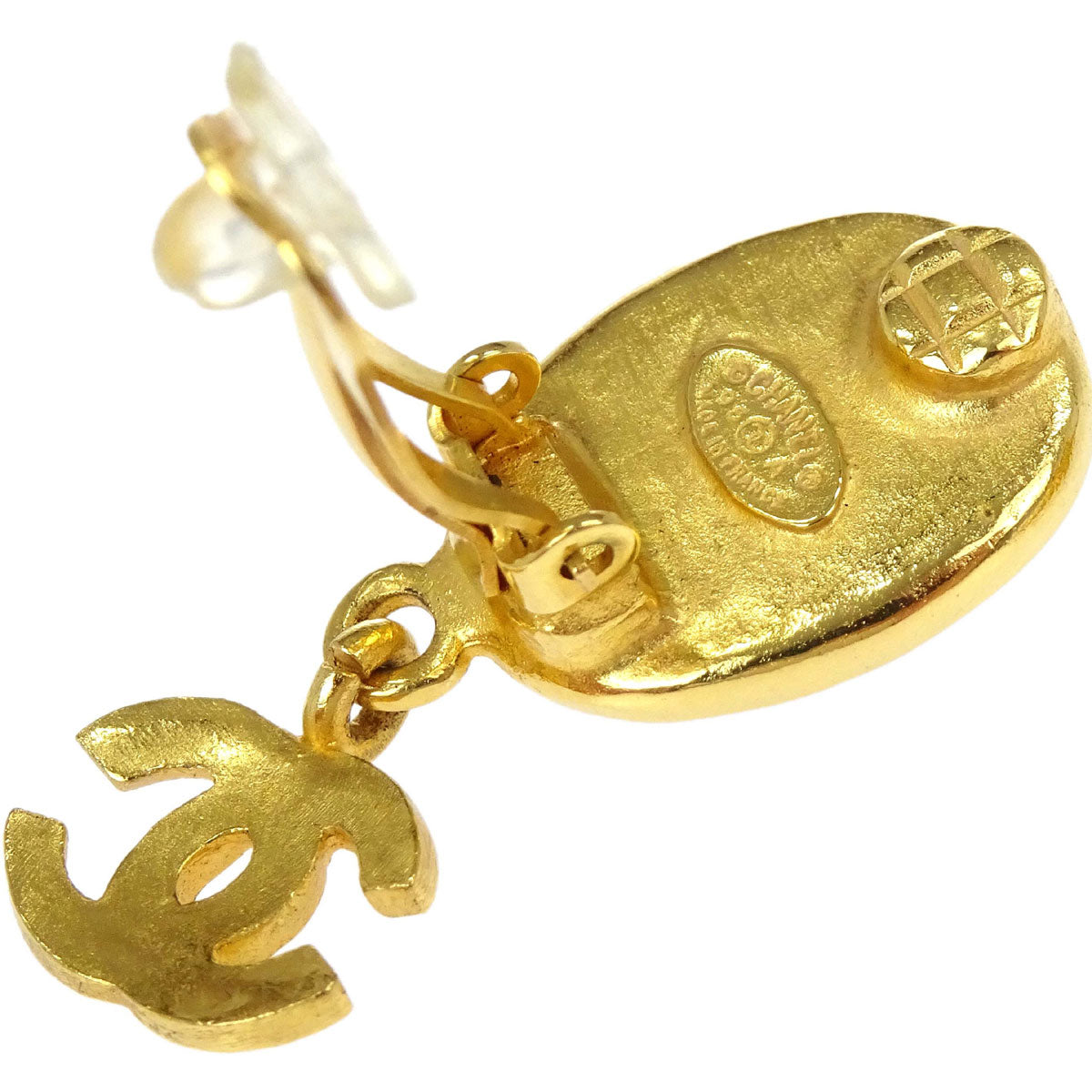 Chanel Dangle CC Oval Clip-On Earrings Gold Tiger's Eye 95A