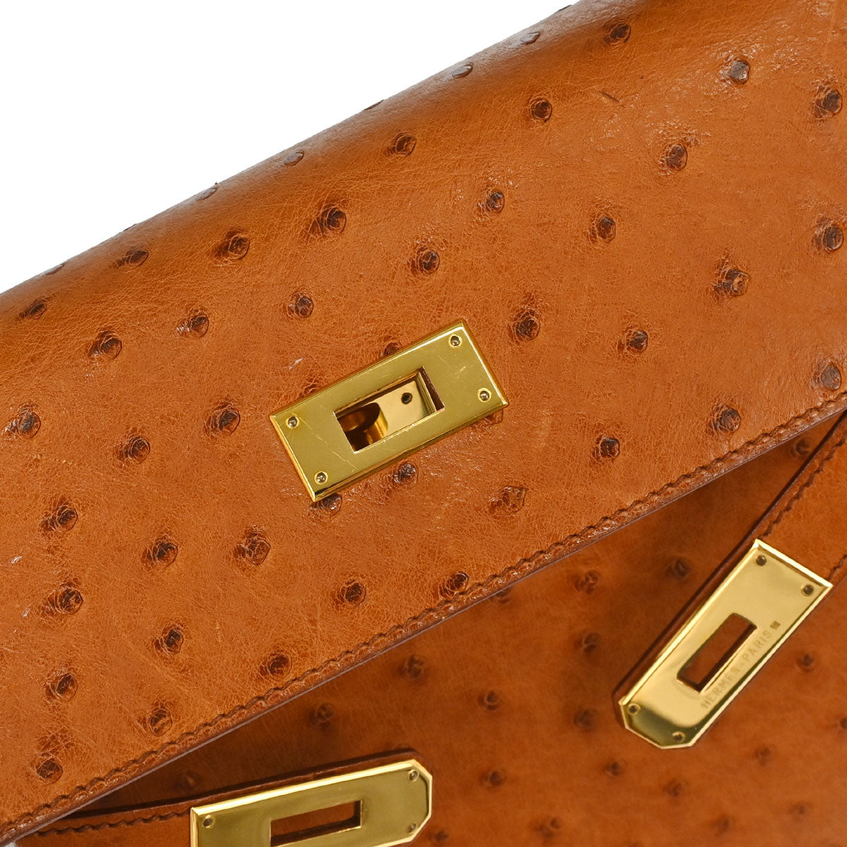 Hermes * Cognac Ostrich Kelly 32 Sellier 2way Shoulder Handbag