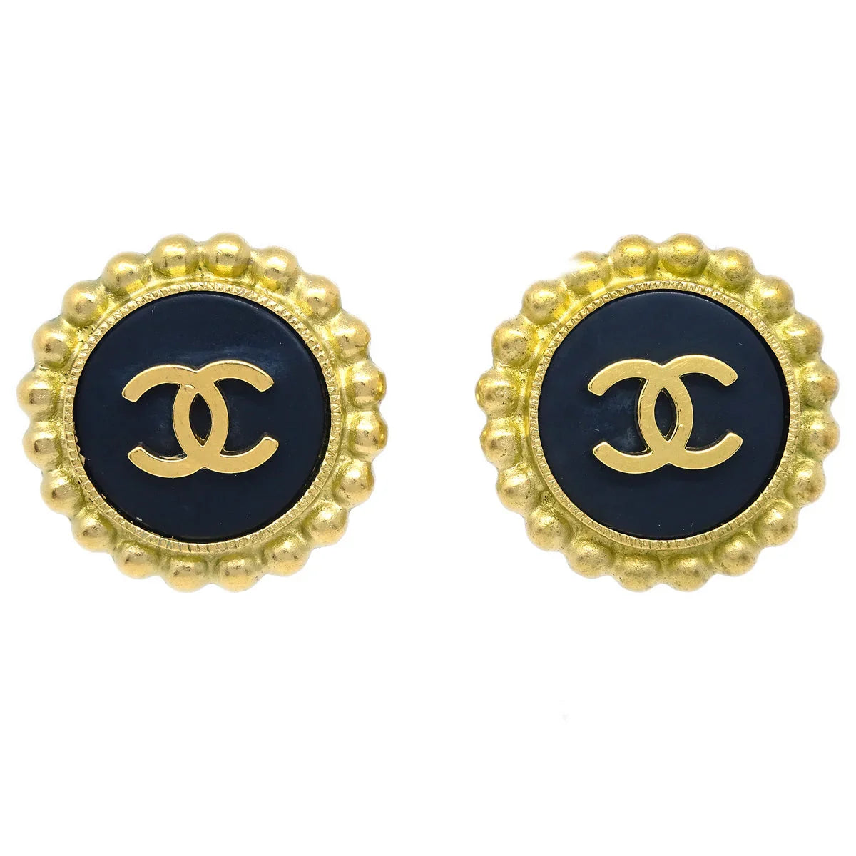 Chanel Gold Black Button Earrings Clip-On 95P
