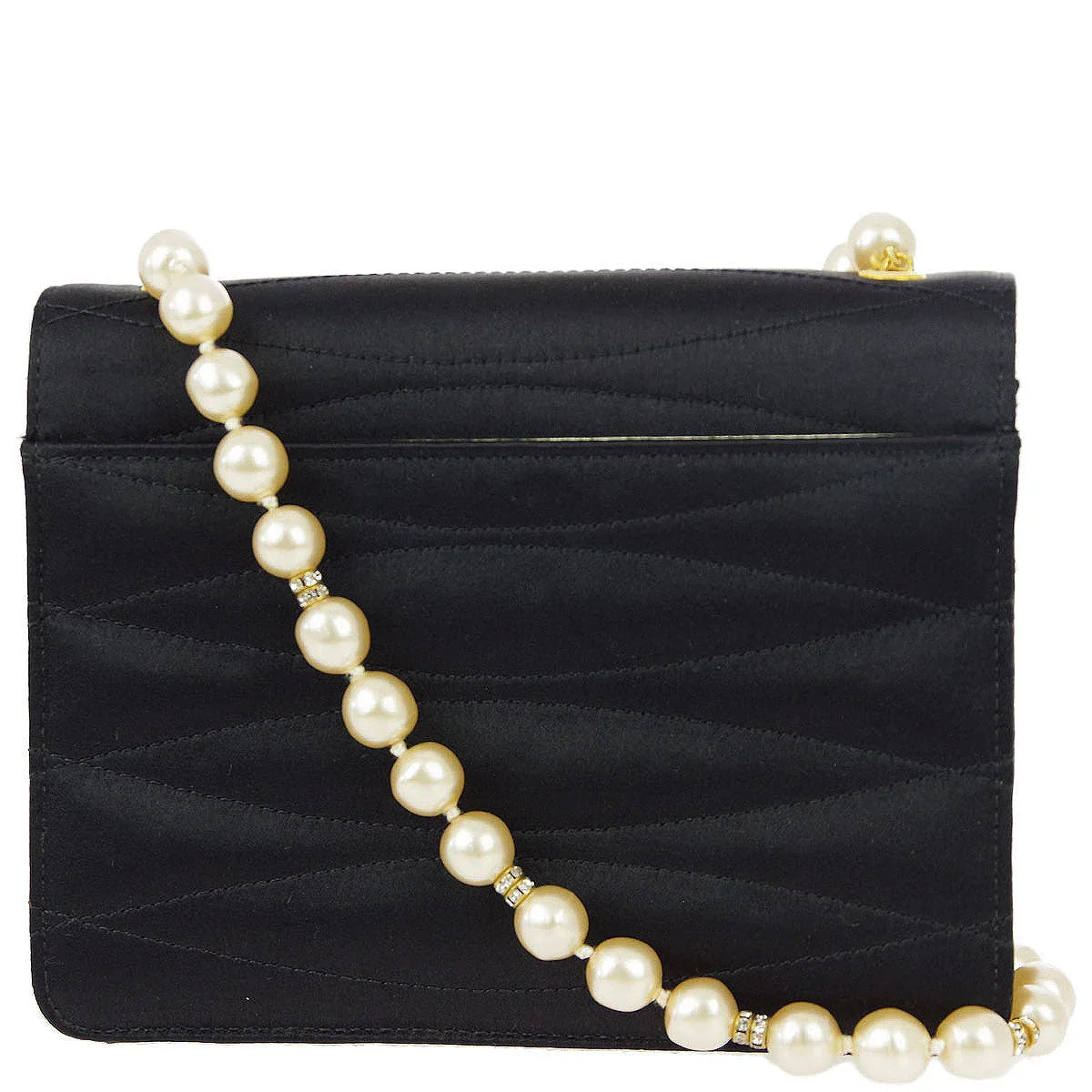 Chanel Black Rhinestone Artificial Pearl Chain Straight Flap Bag