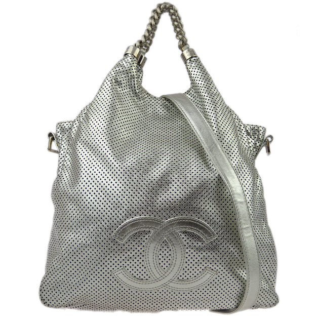 Chanel Silver Perforated Lambskin 2way Shoulder Handbag