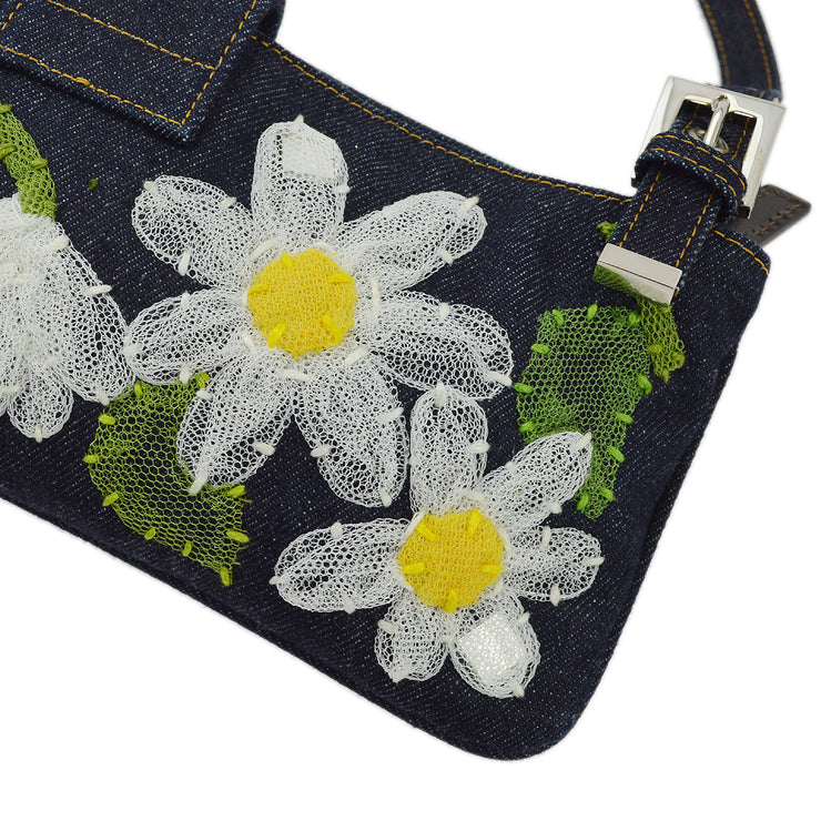 Fendi Blue Denim Floral Embroidered Shoulder Bag