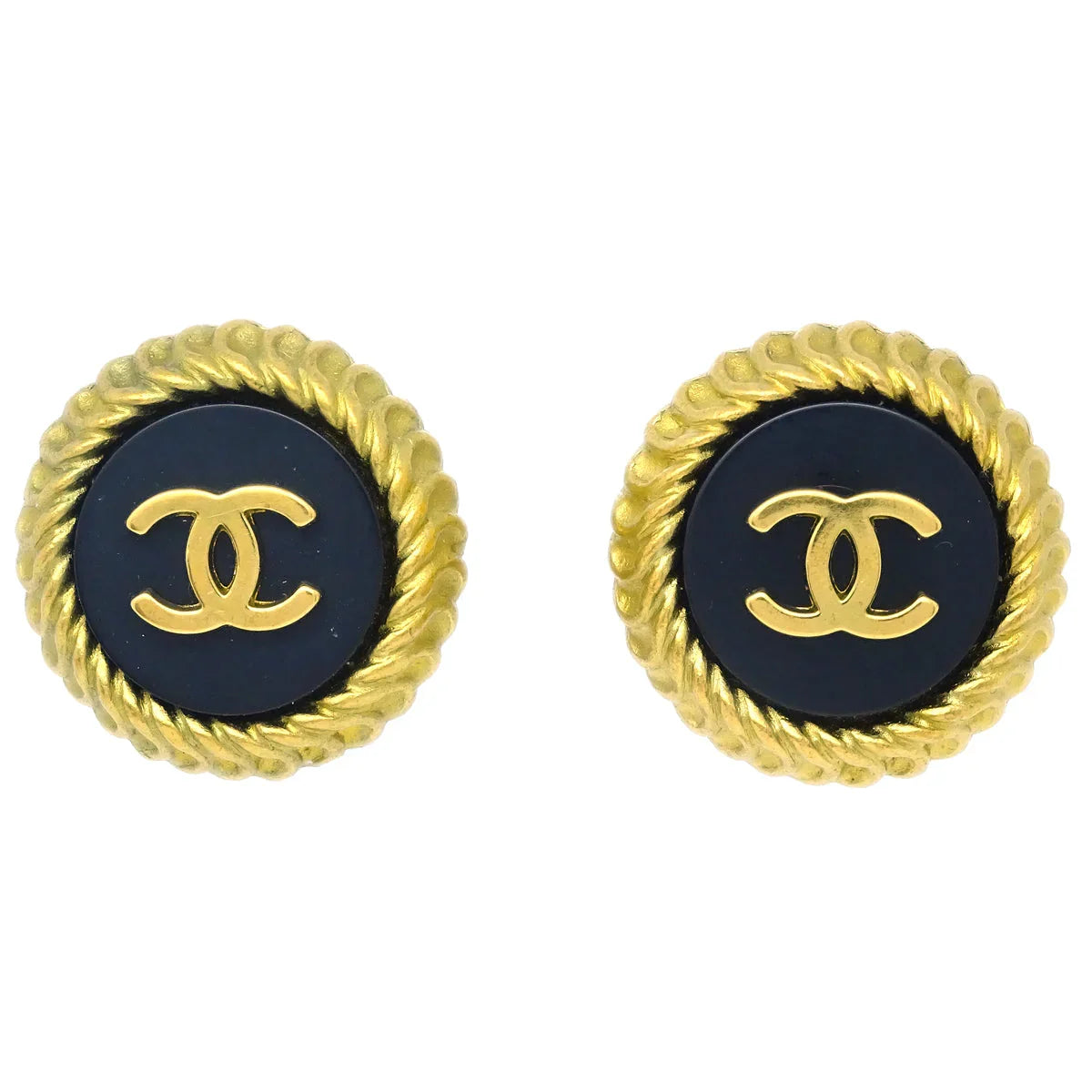 Chanel Black & Gold Rope Edge Earrings Clip-On