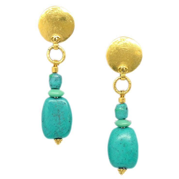 Chanel Gold Blue Dangle Stone Earrings Clip-On 98P