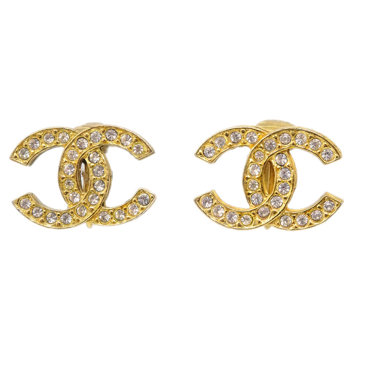 Chanel CC Rhinestone Earrings Clip-On Gold 2084