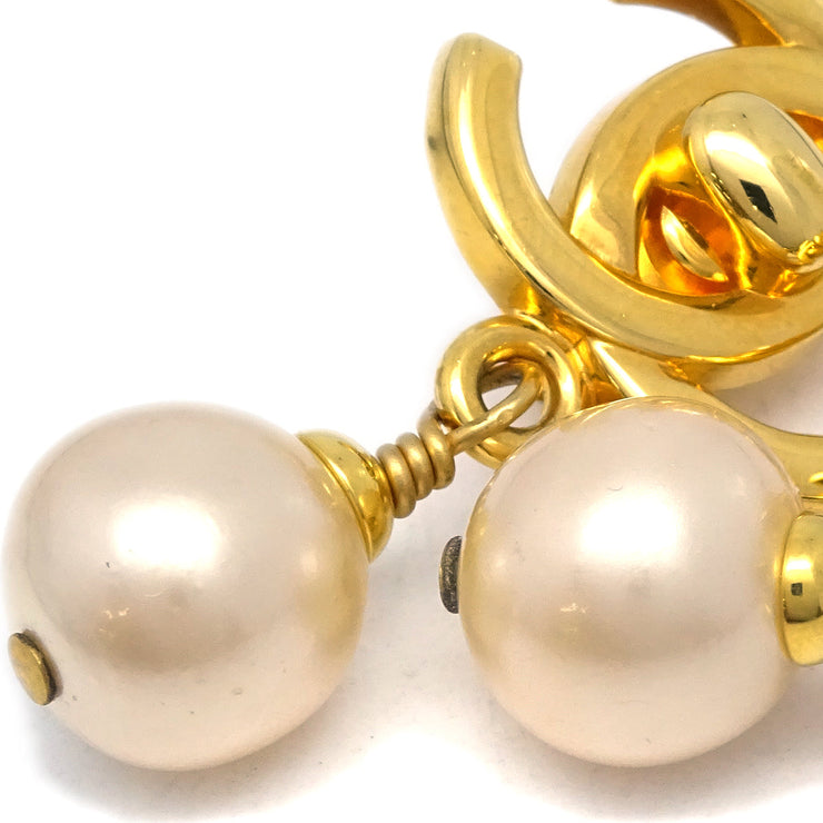 Chanel Turnlock Artificial Pearl Dangle Earrings Clip-On Gold 97P