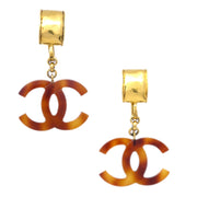 Chanel CC Dangle Earrings Gold Clip-On Brown 94P