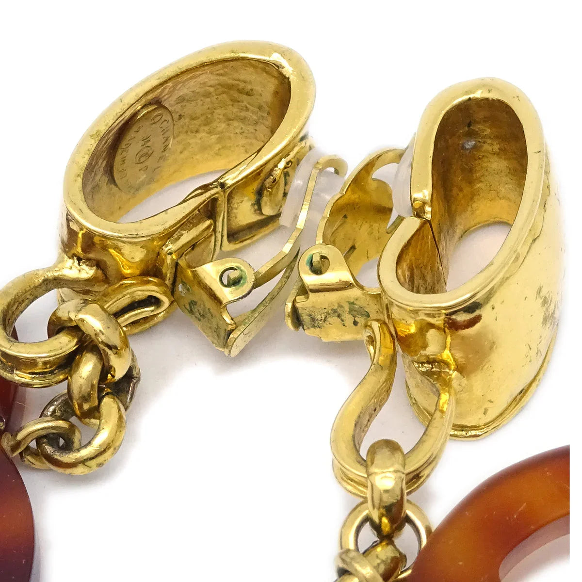 Chanel CC Dangle Earrings Gold Clip-On Brown 94P