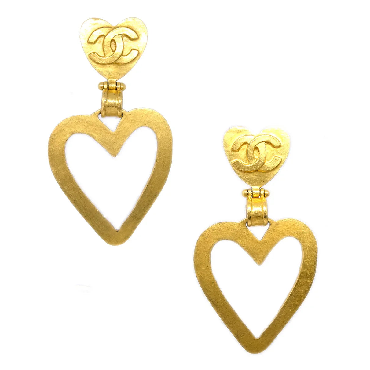 Chanel Heart Dangle Hoop Earrings Gold Clip-On 95P