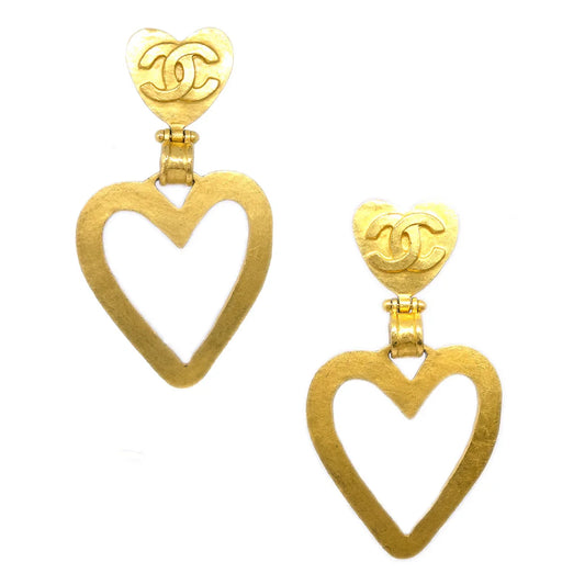 Chanel Heart Dangle Hoop Earrings Gold Clip-On 95P