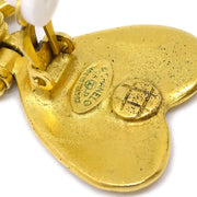 Chanel Heart Dangle Hoop Earrings Gold Clip-On 95P