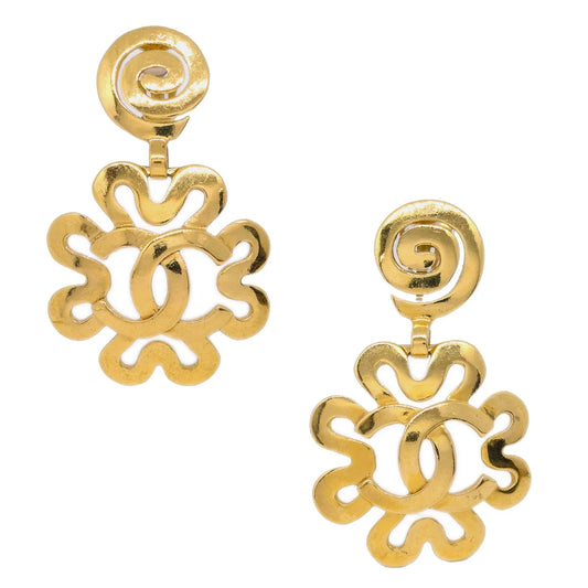 Chanel Flower Dangle Earrings Clip-On Gold 95P