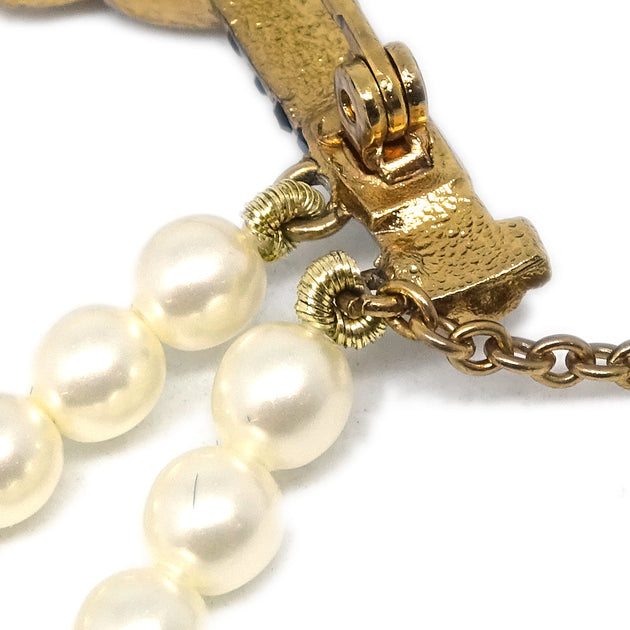 Chanel Gun Brooch Pin Rhinestone Artificial Pearl Gold 01A