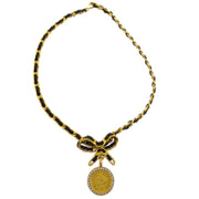 Chanel Bow Medallion Charm Rhinestone Pendant Necklace Gold Black 96P