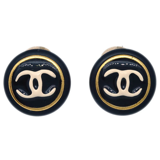 Chanel Button Earrings Clip-On Black Gold 95A