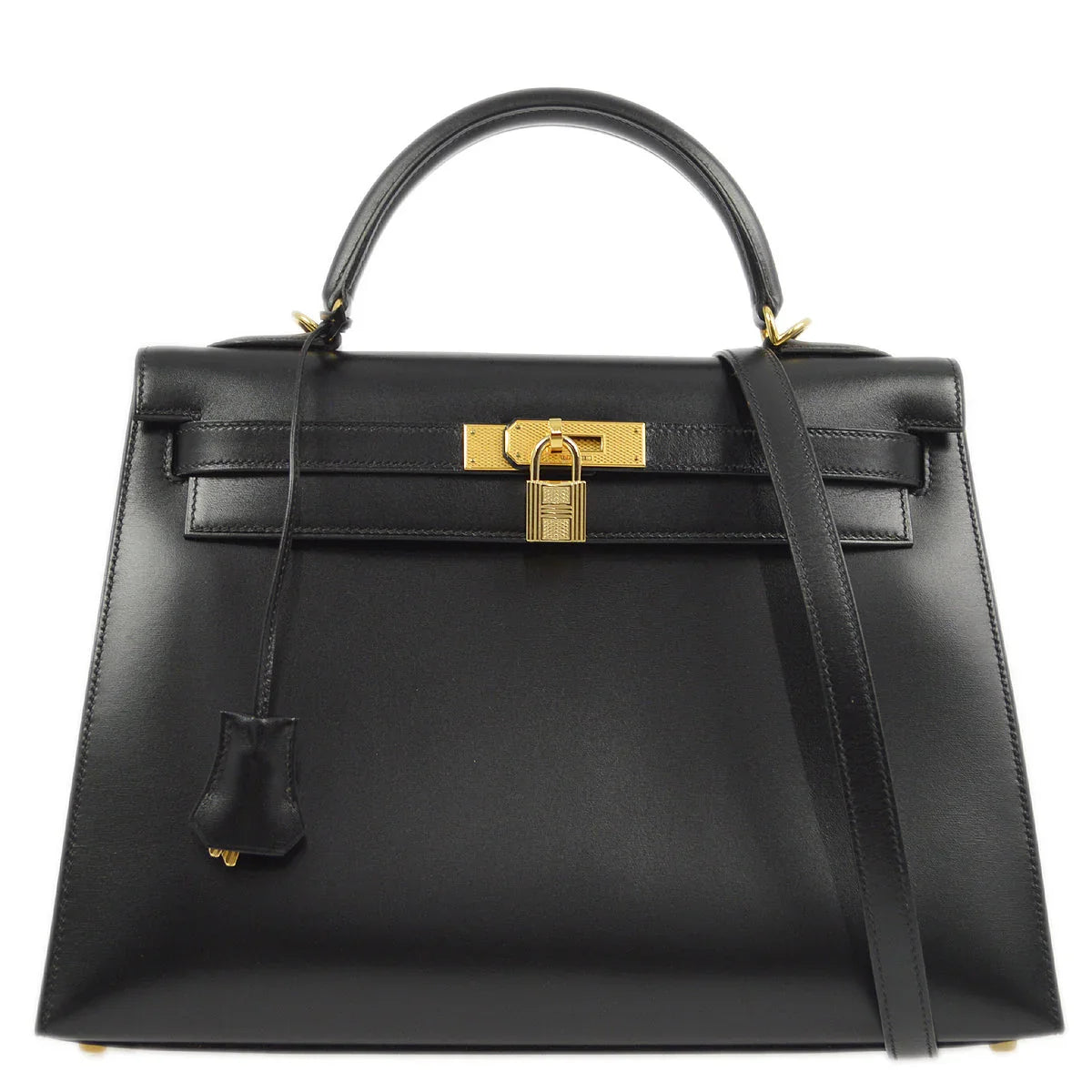 Hermes * 2003 Black Box Calf Kelly 32 Guilloche Sellier 2way Shoulder Handbag