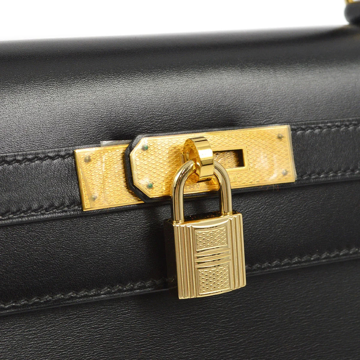 Hermes * 2003 Black Box Calf Kelly 32 Guilloche Sellier 2way Shoulder Handbag