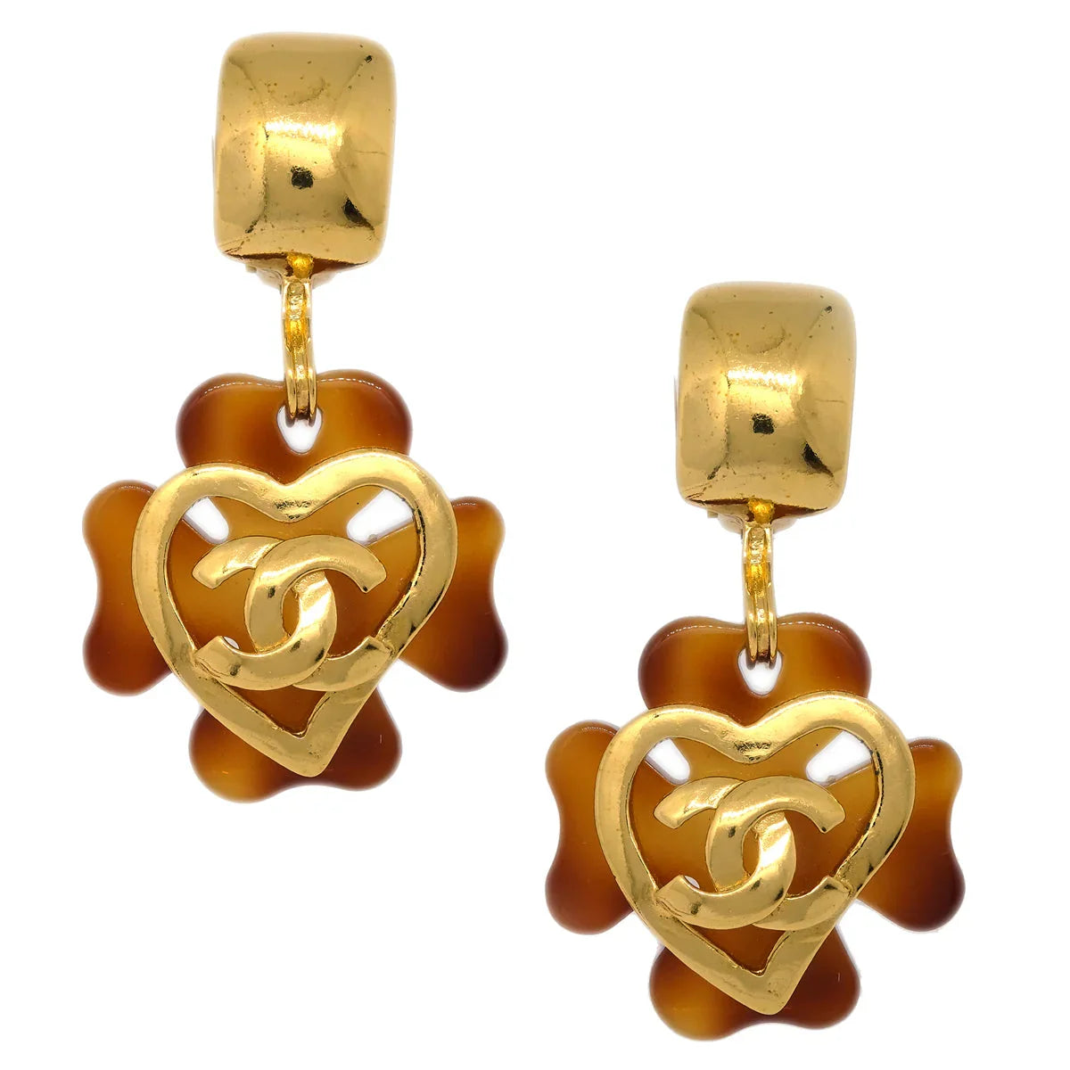 Chanel Clover Dangle Earrings Gold Clip-On 95P