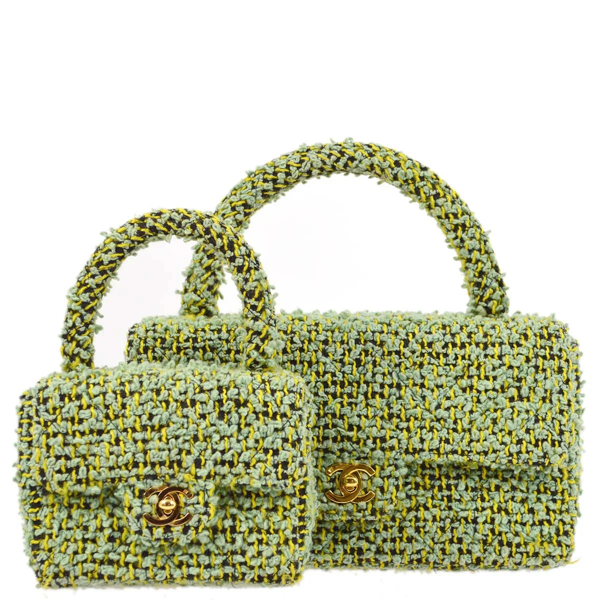 Chanel 1994-1996 Green Tweed Classic Single Flap 2 in 1 Handbag Set