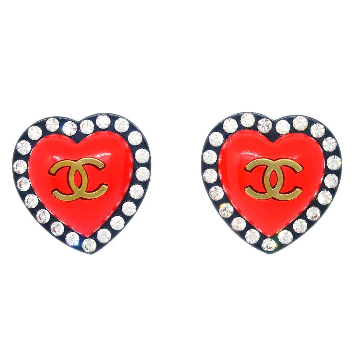 Chanel Heart Rhinestone Earrings Clip-On Red 95P
