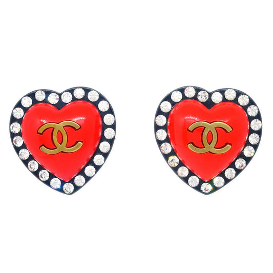 Chanel Heart Rhinestone Earrings Clip-On Red 95P