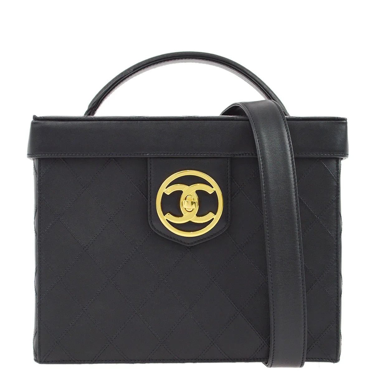Chanel 1994-1996 Black Lambskin Bicolore Vanity 2way Shoulder Handbag