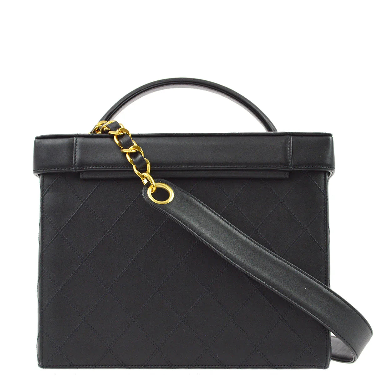 Chanel 1994-1996 Black Lambskin Bicolore Vanity 2way Shoulder Handbag