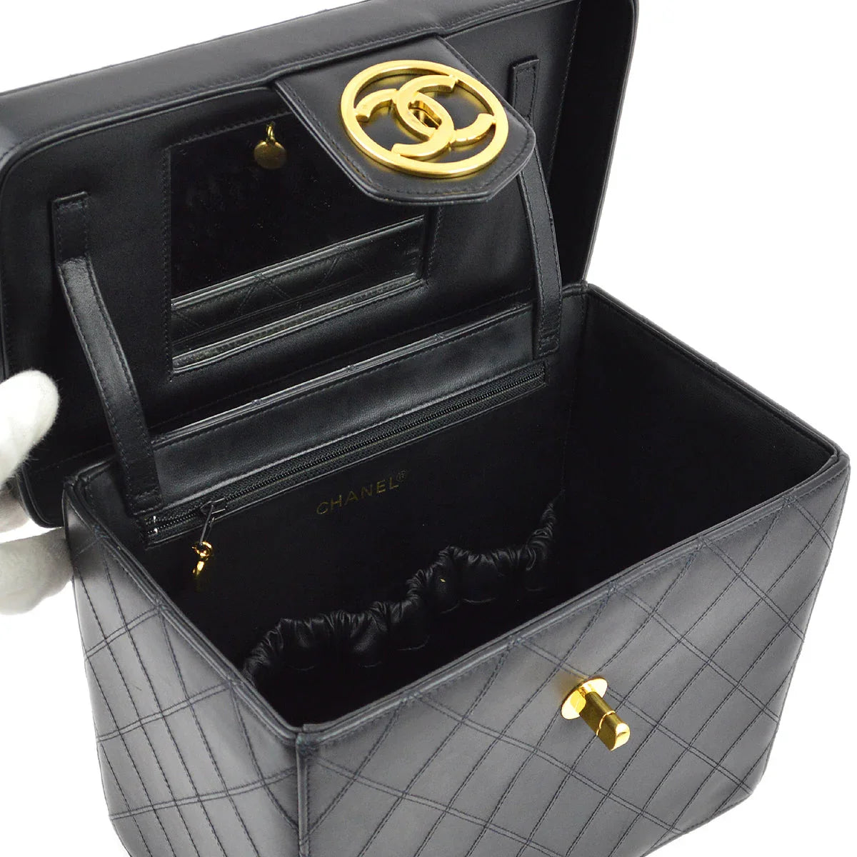 Chanel 1994-1996 Black Lambskin Bicolore Vanity 2way Shoulder Handbag