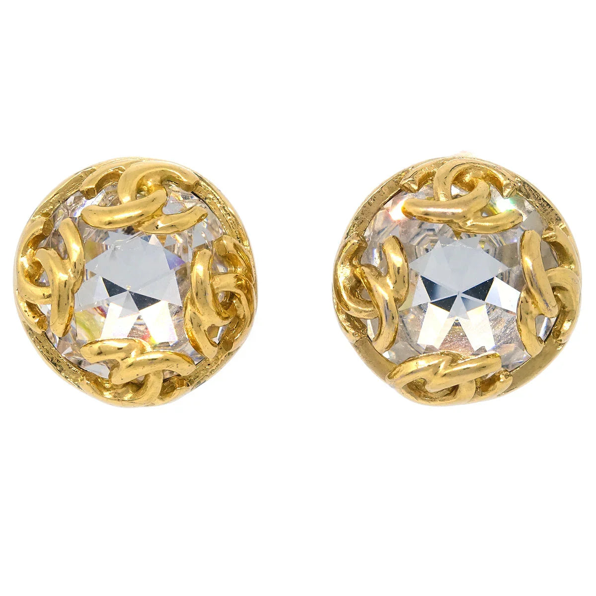 Chanel Gold Button Earrings Clip-On Rhinestone