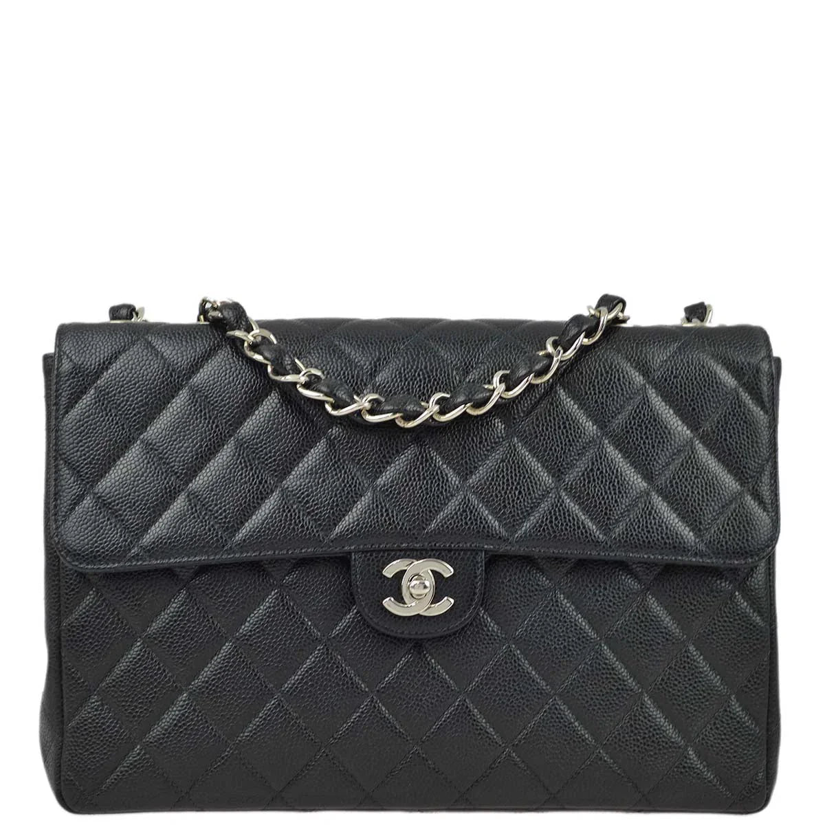 Chanel 2000-2001 Black Caviar Jumbo Classic Flap Shoulder Bag