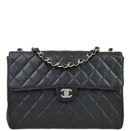 Chanel 2000-2001 Black Caviar Jumbo Classic Flap Shoulder Bag